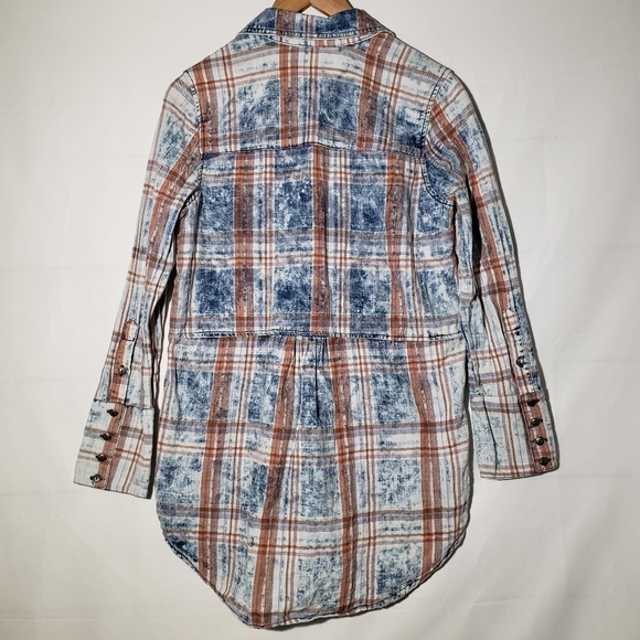 Soft Surroundings Chambray Acid Washed Plaid Tunic Top‎ XS Blue Rust - Picture 6 of 6